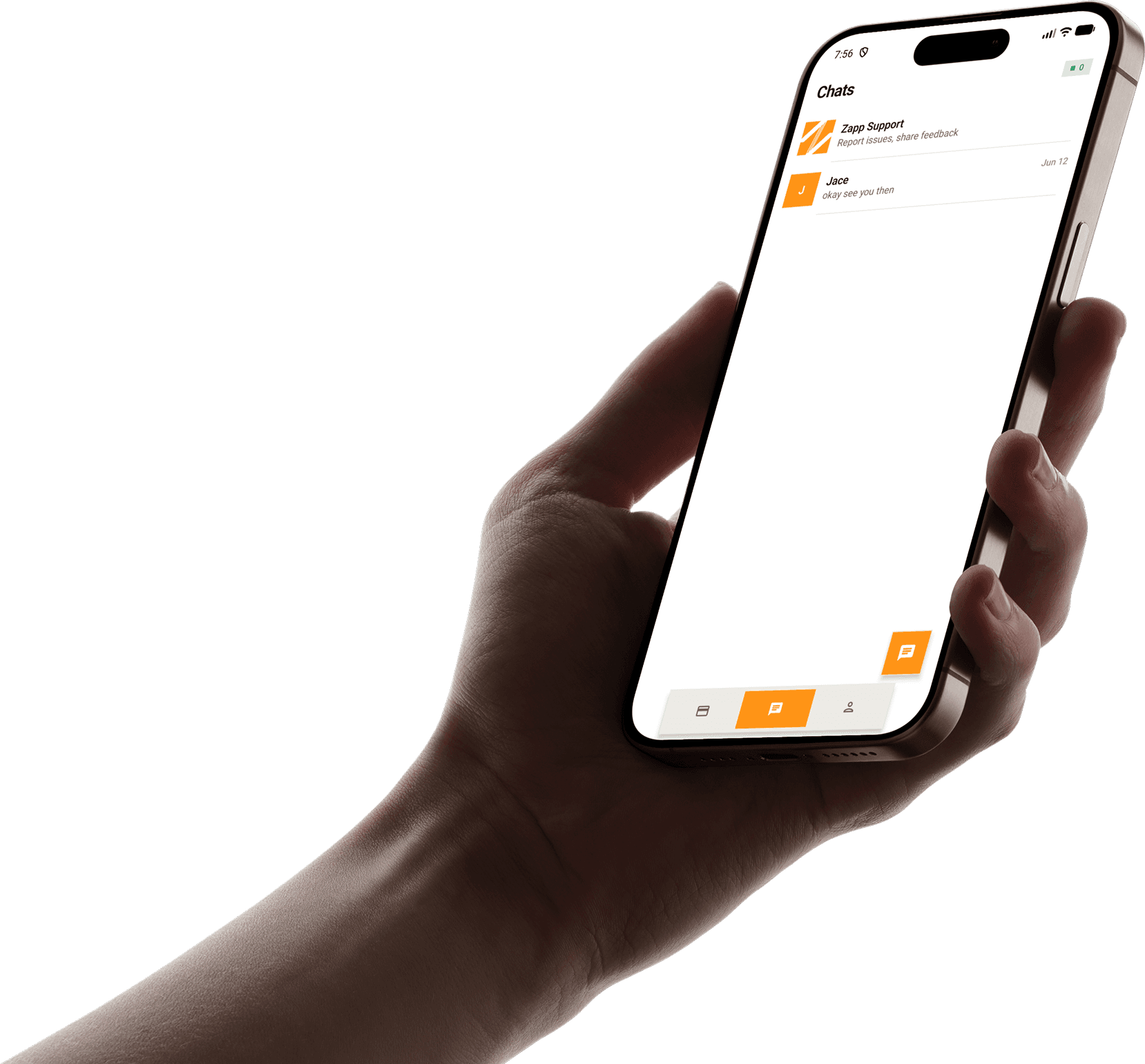 A hand holding a phone showing an end-to-end encrypted Zapp chat list